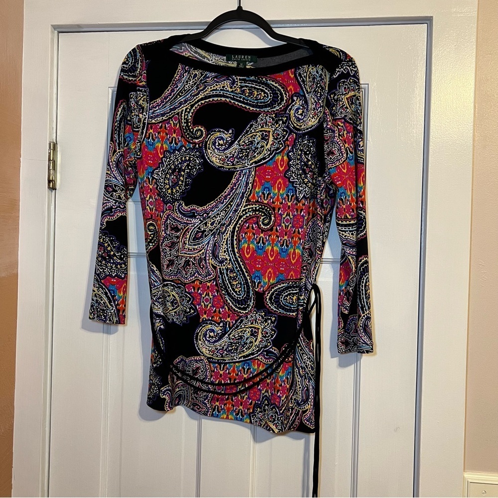 #86 LAUREN RALPH LAUREN MULTICOLOR PAISLEY BELTED TUNIC BLOUSE